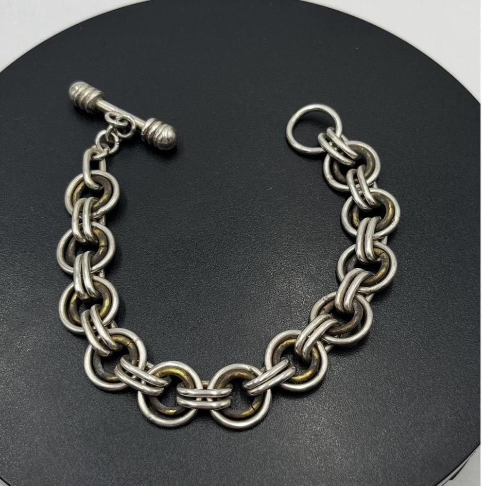 Mexico Taxco‎ Vintage 925 Silver Double Link Two Tone Brass Bracelet TM-300